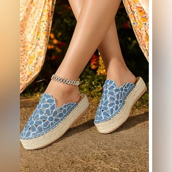Bohemian Blue Floral Cutout Espadrille Mules – Denim Lace Platform Slides 37 7 - Picture 4 of 10